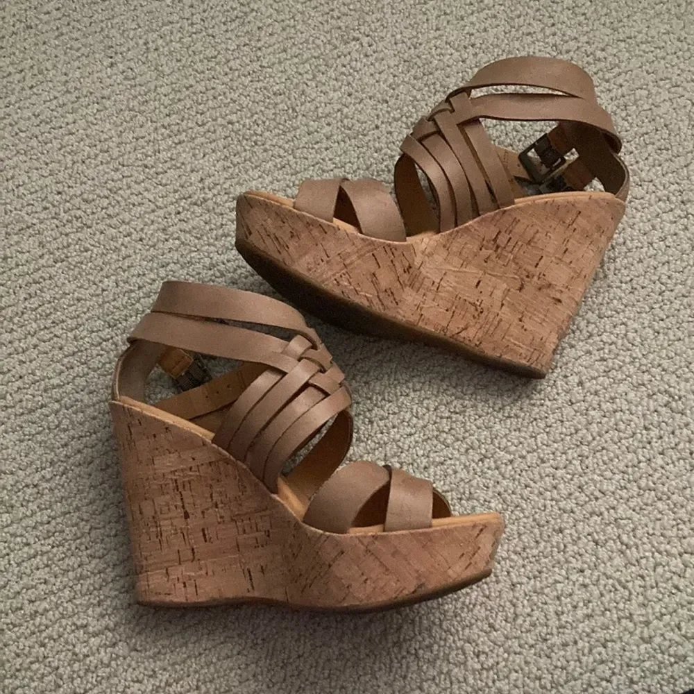 Korks by Kork-Ease Platform Wedges Size 8 Cork Leather Tan Strappy High Heels